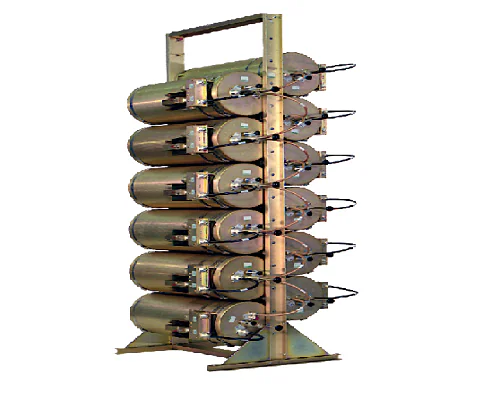 Brass cylinders on metal frame