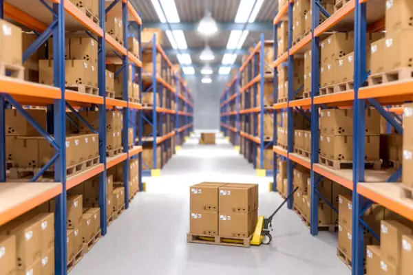 Brown boxes on shelves stacked high