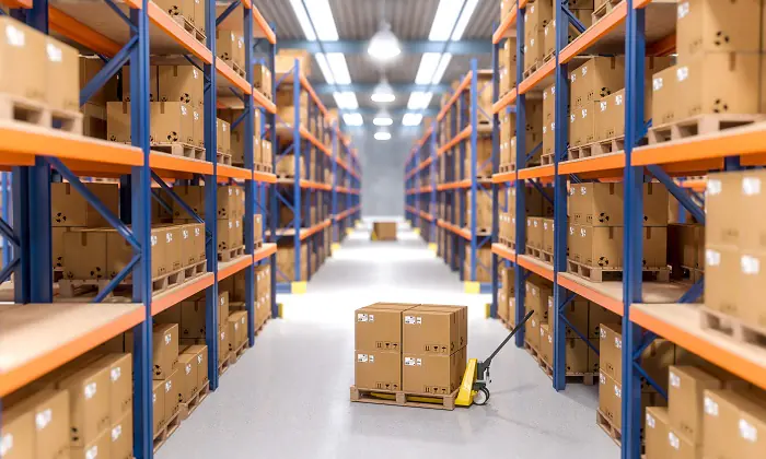 Rows of shelved cardboard boxes