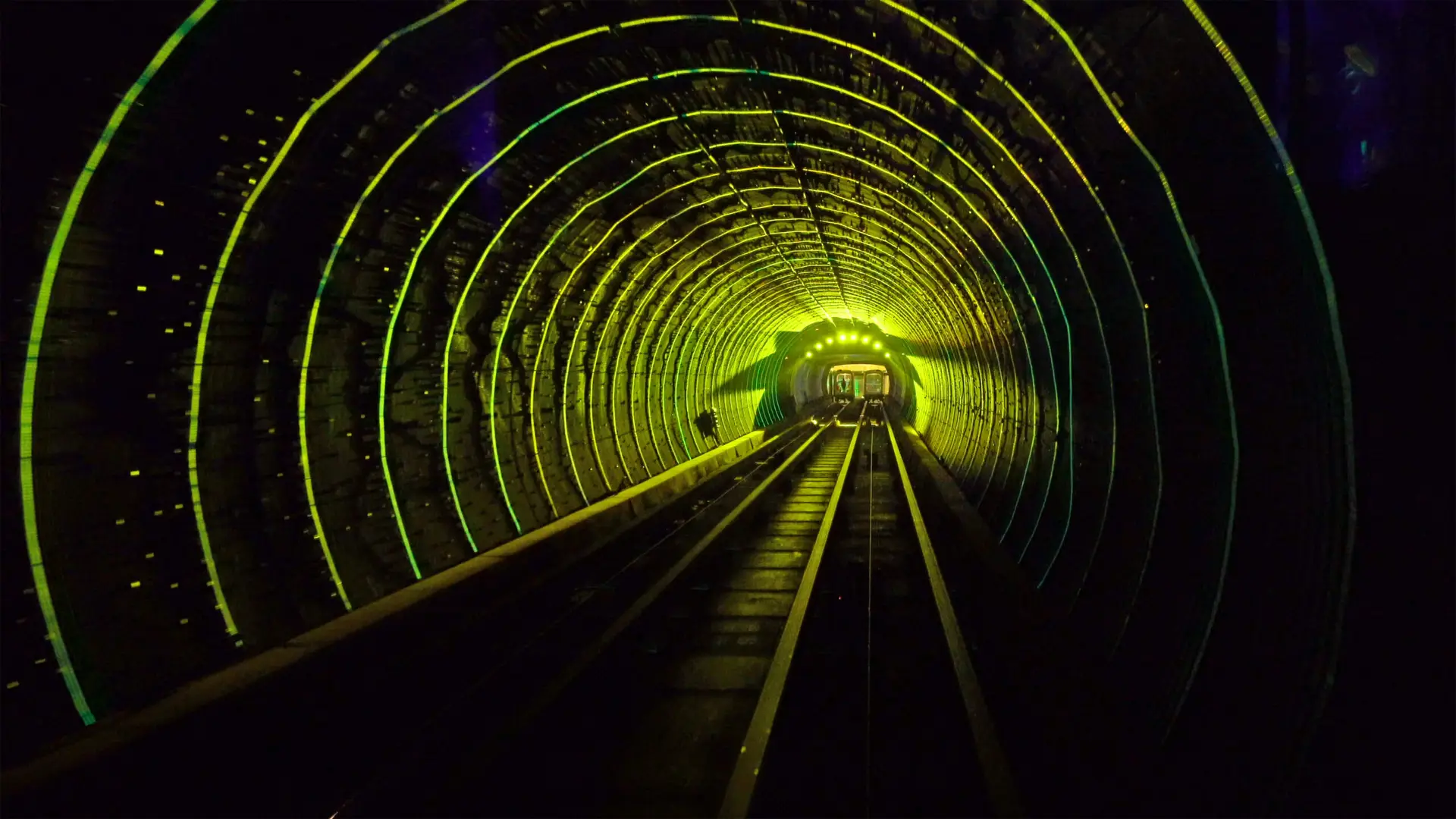 Shuttle trains in Bund Sightseeing Tunnel. Metro subway train in Shanghai City, China. Tunnel of lights under Huangpu River is one of Shanghai's top five tourist attractions