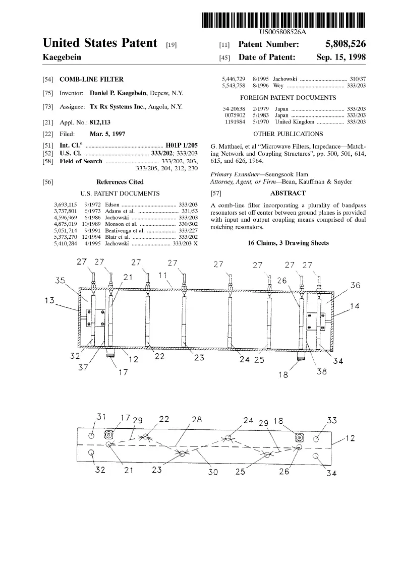 Comb Line Filter Patent by TX RX Systems