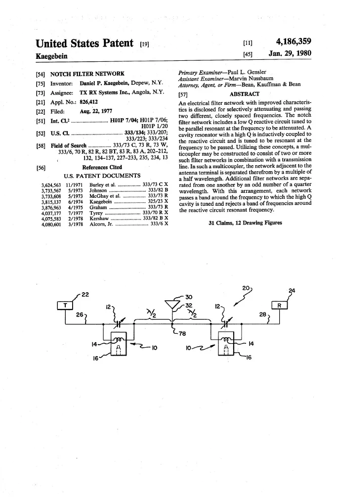 Notch Filter Network Patent by TX RX Systems