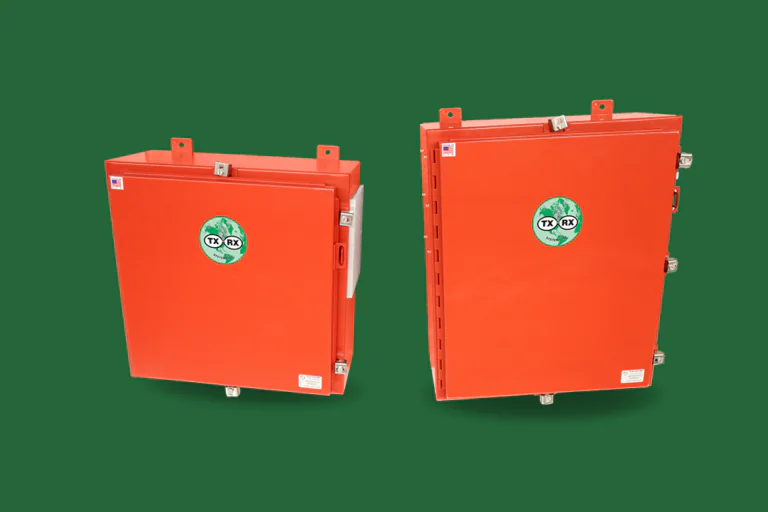 Bright orange metal boxes on display