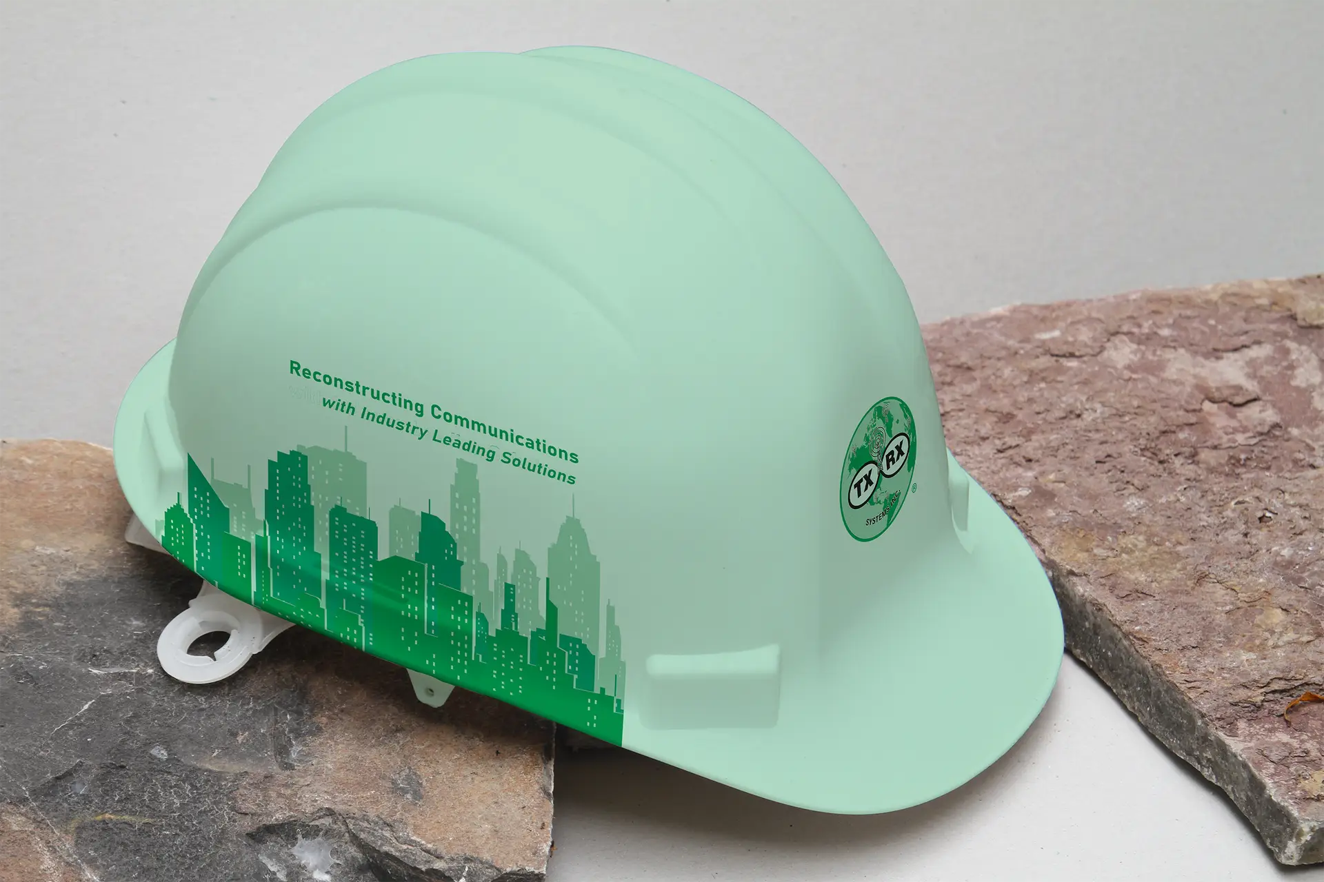Construction helmet with TX RX Systems Logo 